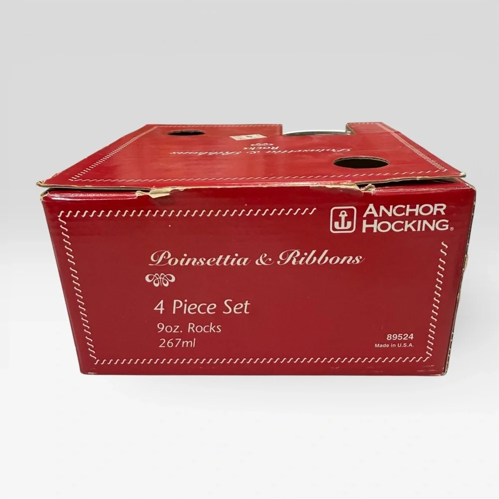 Vtg Anchor Hocking Poinsettia & Ribbons Rocks Glasses 3.25